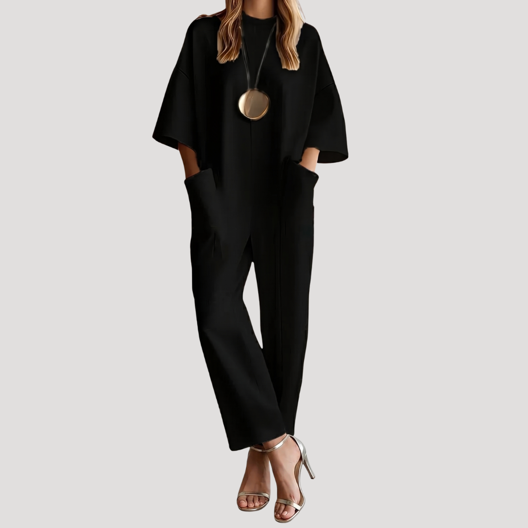 Effortless Wide Leg Jumpsuit for Women with Mock Neck Half Sleeve Oversized Pocket Relaxed Style