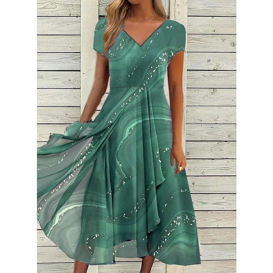 Elegant Marble Sequin Midi Dress for Women with V Neck Cap Sleeve Asymmetric Draped Ruffle Cocktail Style
