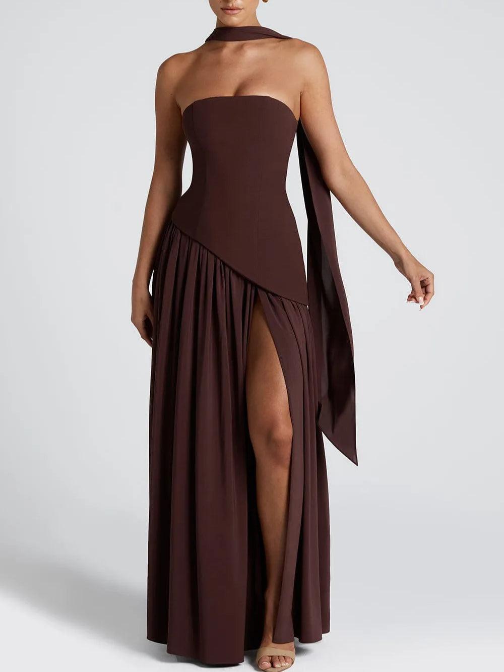 Elegant Draped Maxi Dress for Women with Strapless Scarf Neck Asymmetrical High Slit Column Style