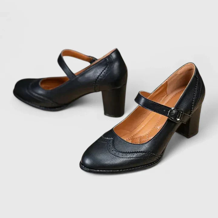 Elegant Leather Mary Jane Pumps for Women with Wingtip Brogue Buckle Strap Block Heel Style
