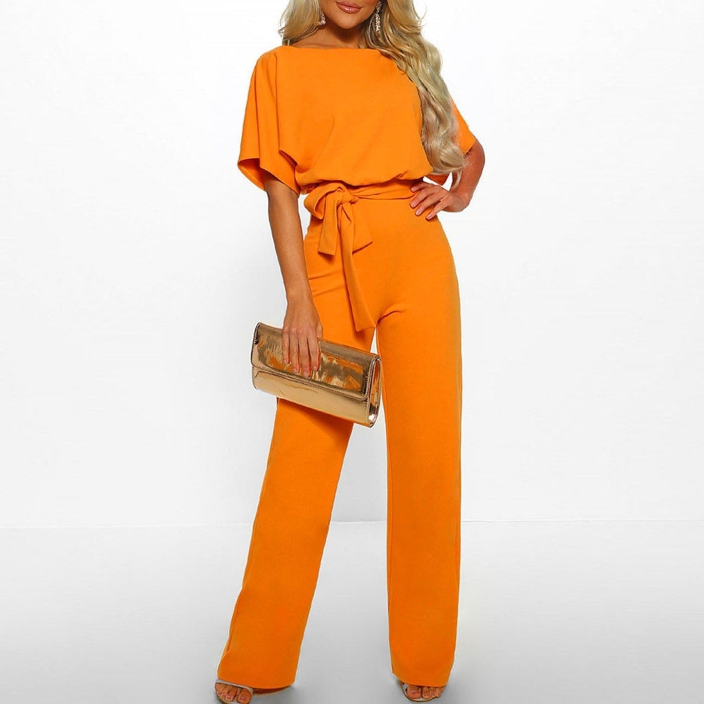 Elegant Wide Leg Jumpsuit for Women with Boat Neck Batwing Sleeve Tie Waist Relaxed Style