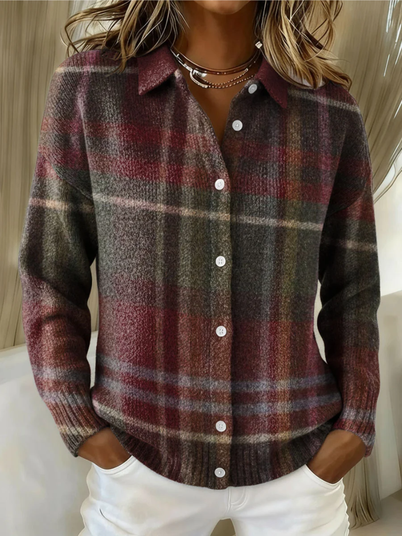 Elegant Burgundy Plaid Shirt Jacket for Women with Collar Long Sleeve Button Front Relaxed Style
