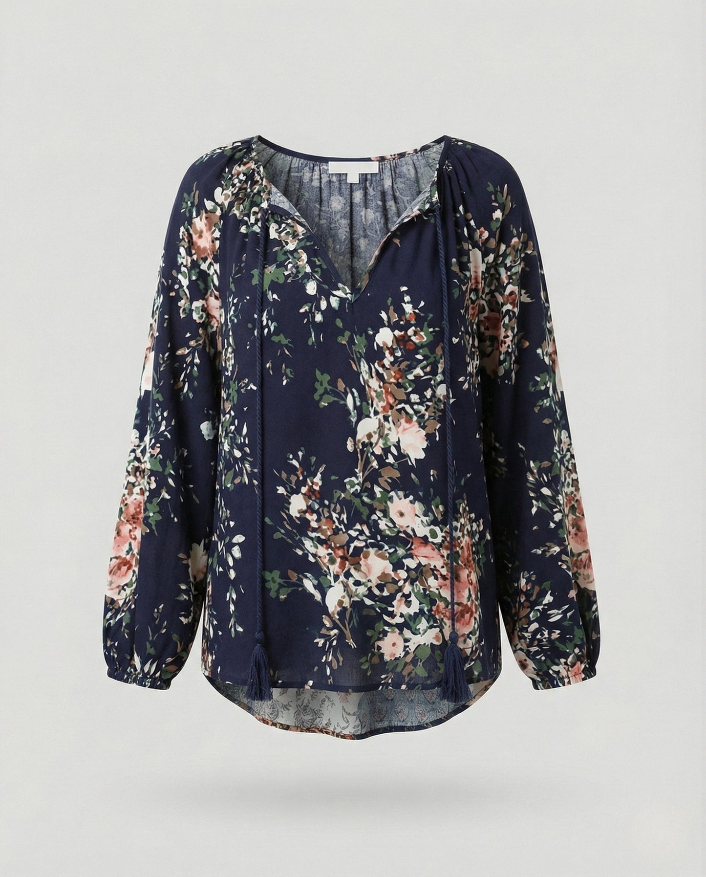 Effortless Patchwork Floral Blouse for Women with Tie Neck Long Sleeve Blouson Bohemian Style