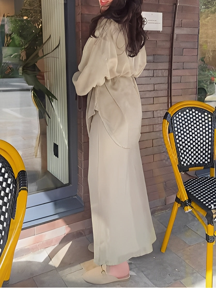 Effortless Satin Two Piece Set for Women with Collar Long Sleeve Button Front Tie Waist Relaxed Style