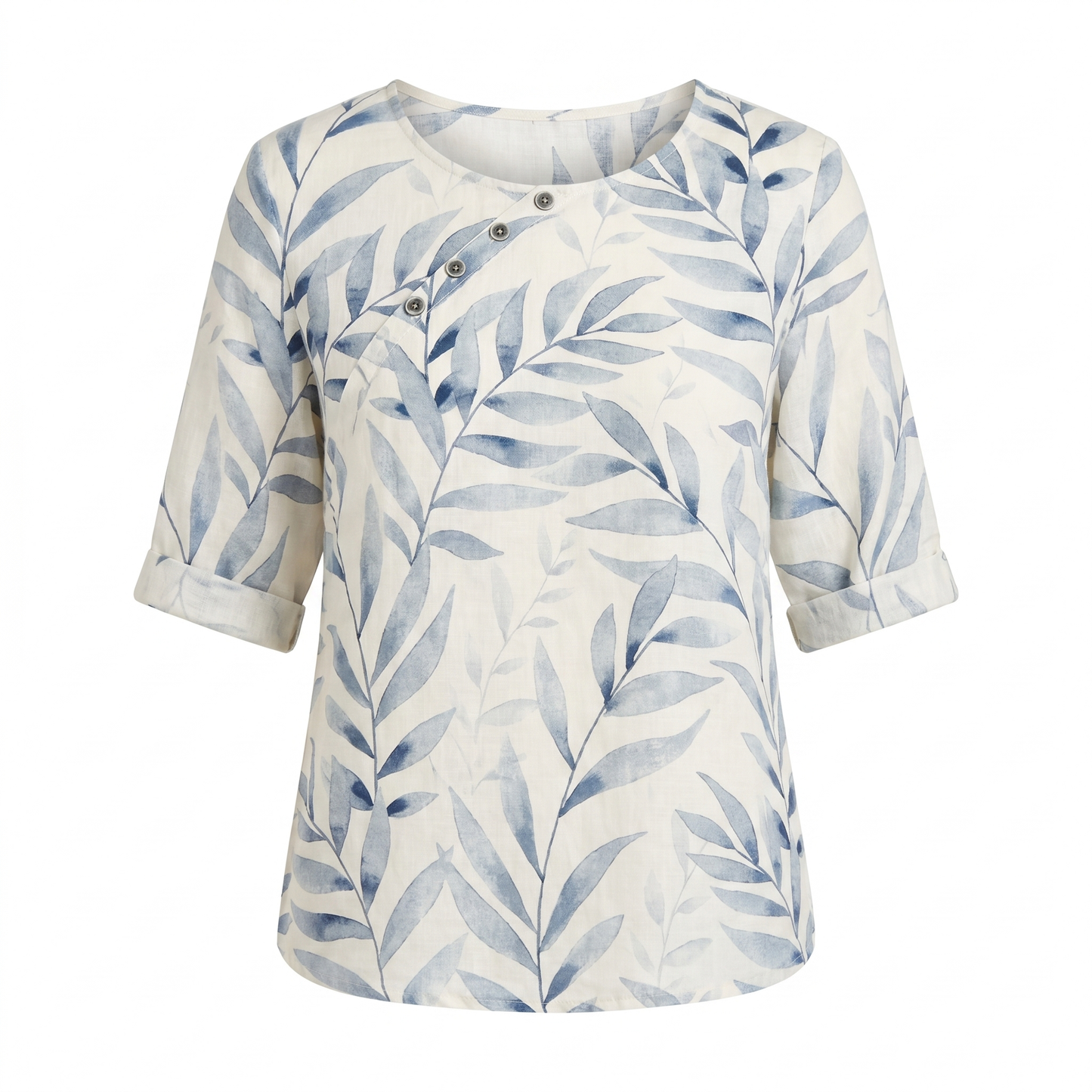 Effortless Leaf Print Linen Blouse for Women with Round Neck Elbow Sleeve Button Placket Relaxed Style