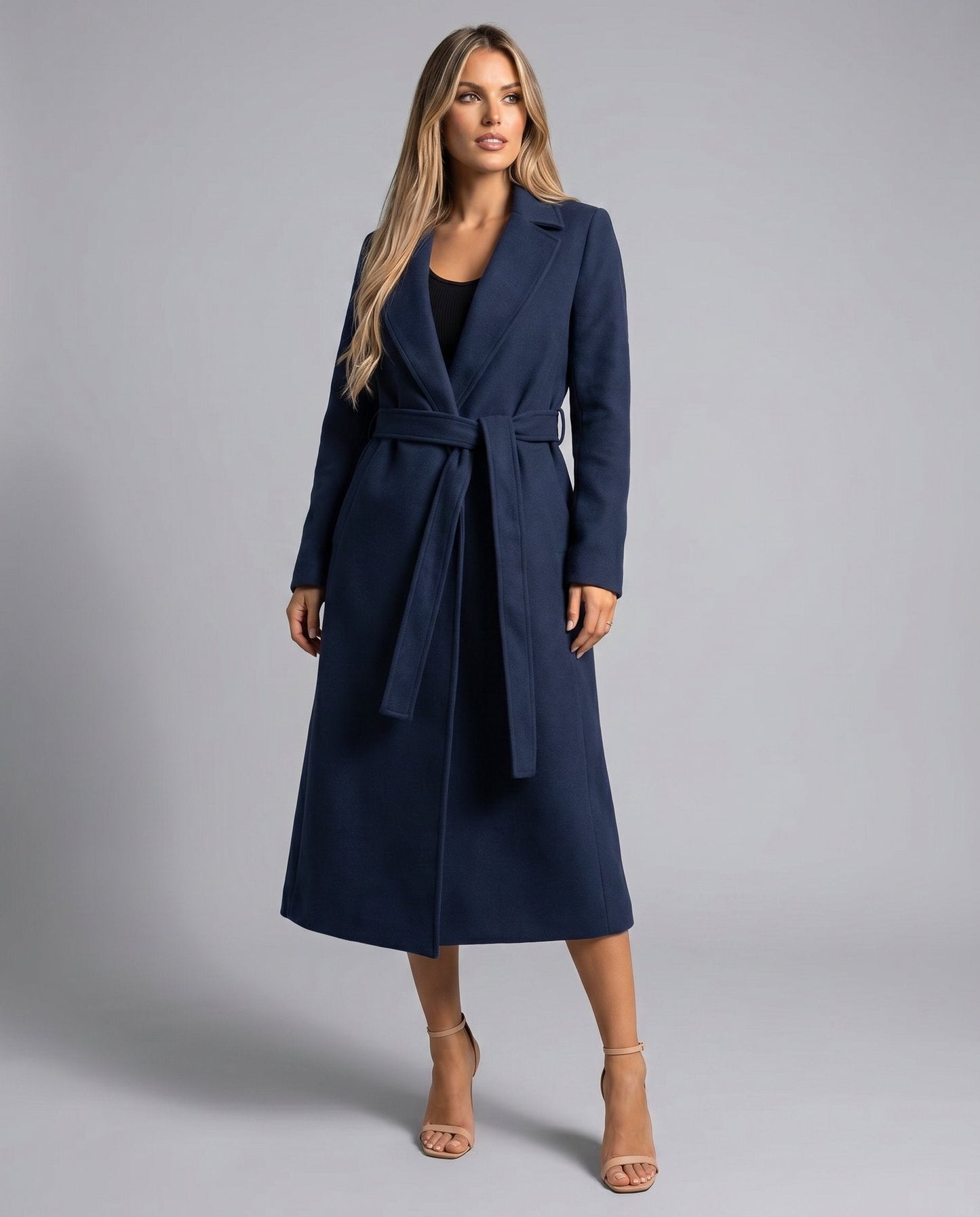 Elegant Navy Wool Coat for Women with Notch Lapel Long Sleeve Belted Flowing Style