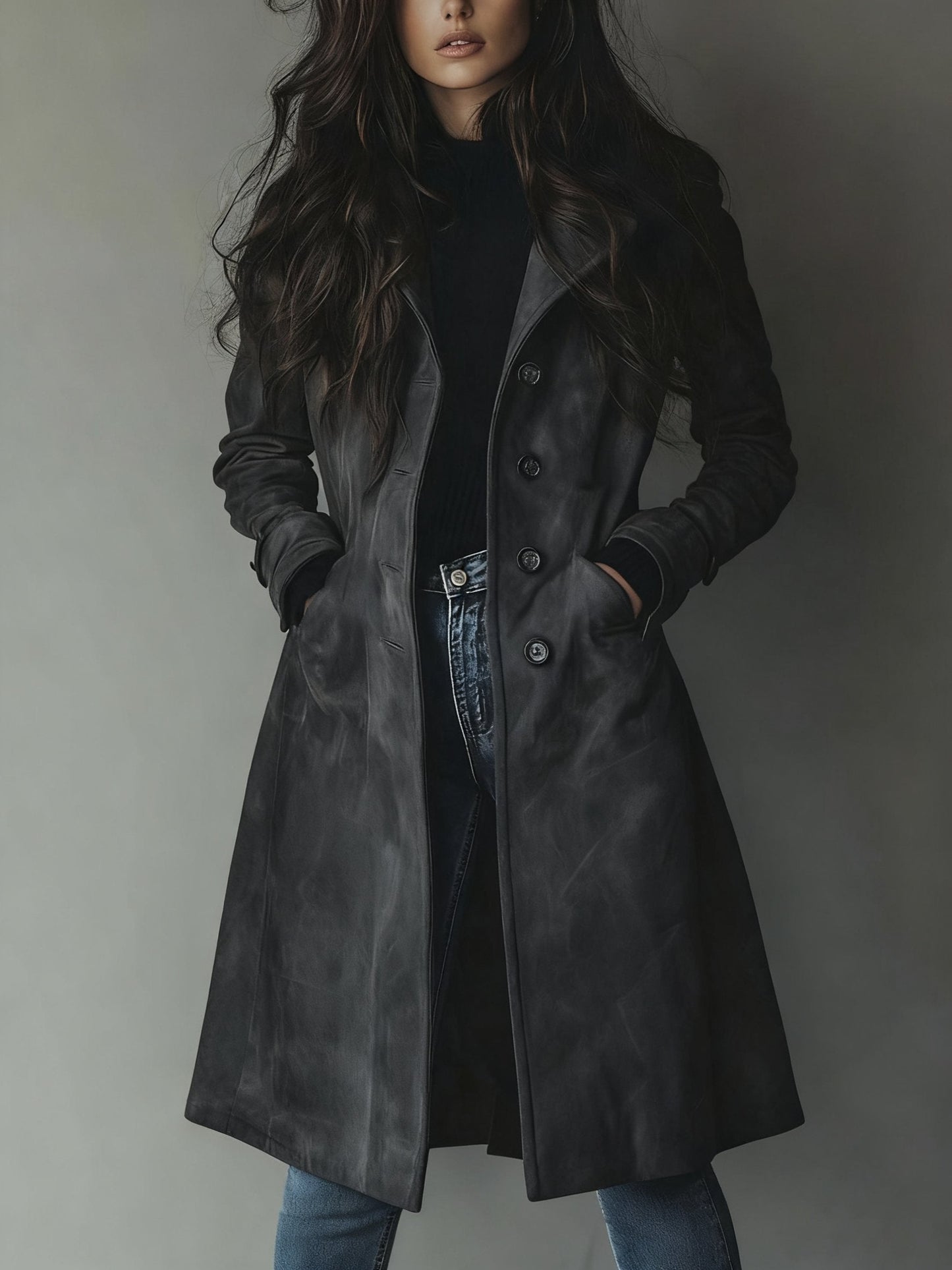 Effortless Suede Trench Coat for Women with Notch Lapel Long Sleeve Button Front Relaxed Style