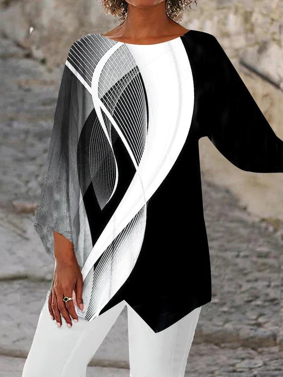 Effortless Black and White Geometric Print Tunic Top for Women with Round Neck Batwing Sleeve Asymmetrical Hem Casual Style