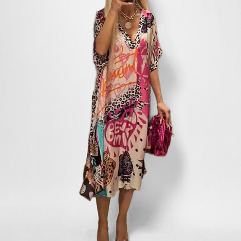 Effortless Leopard Print Kaftan Midi Dress for Women with V Neck Batwing Sleeve Flowing Bohemian Style