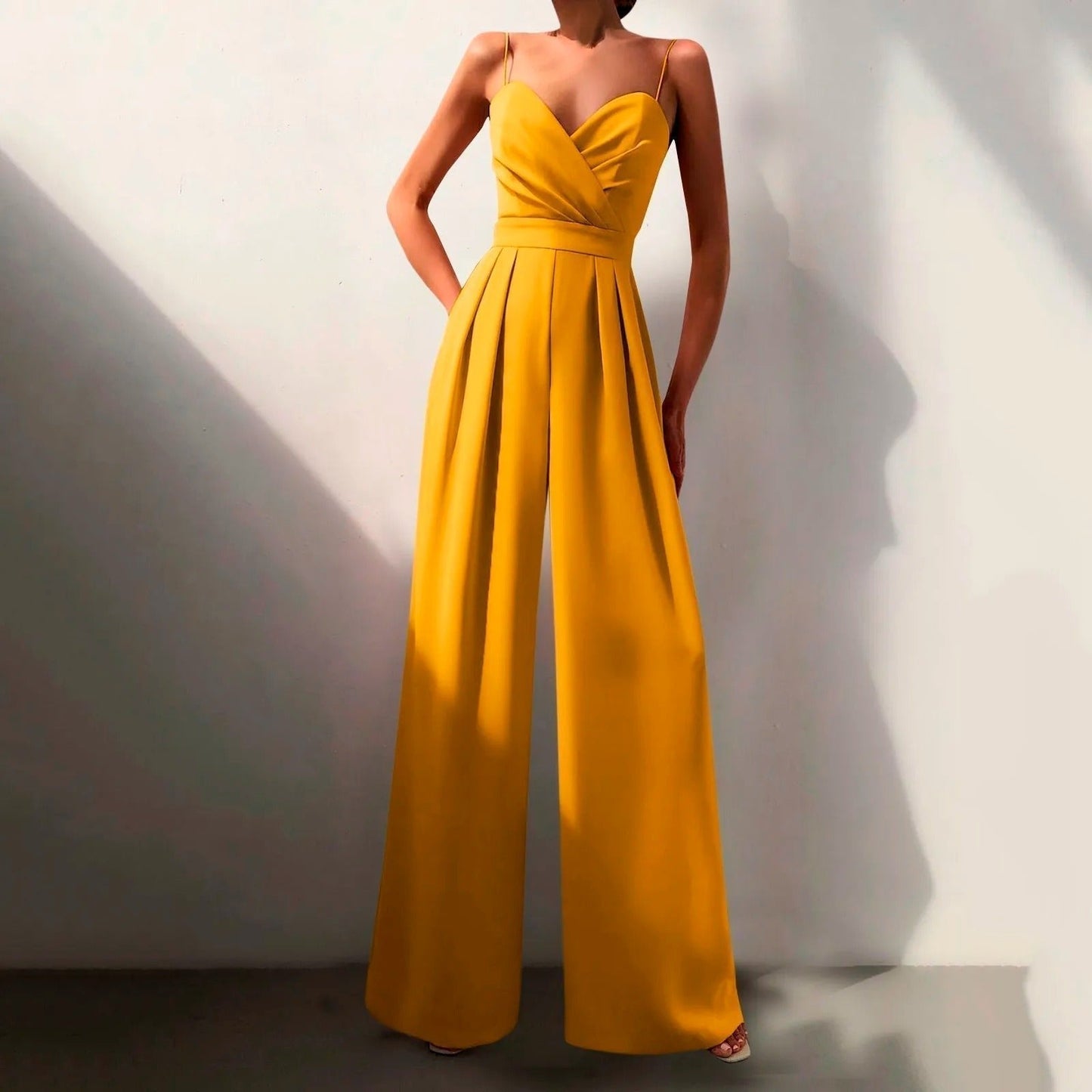 Elegant Wide Leg Jumpsuit for Women with Surplice V Neck Spaghetti Strap Pleated Formal Style