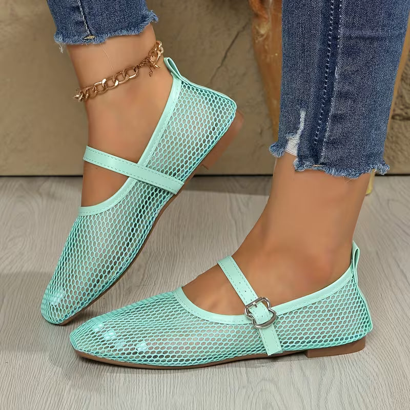Comfortable Mary Jane Shoes for Women with Mesh Woven Buckle Strap Flat Style