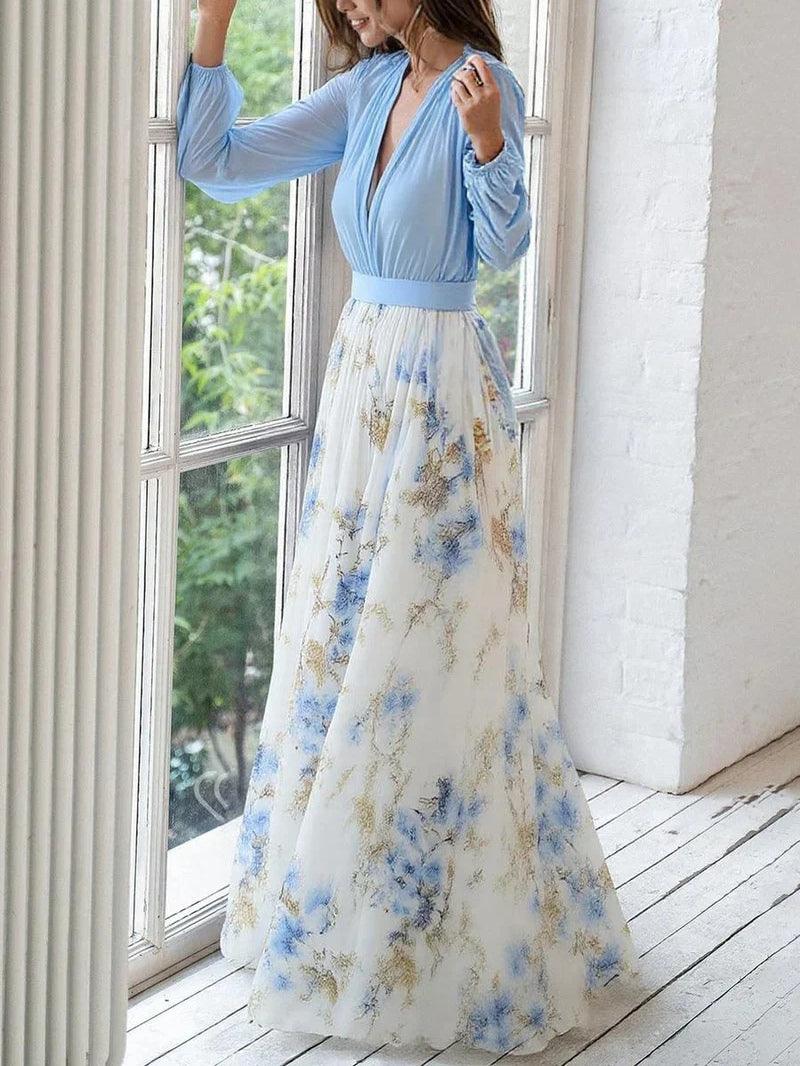 Elegant Blue Floral Maxi Dress for Women with V Neck Long Sleeve Contrast Waist Flowing Bohemian Style