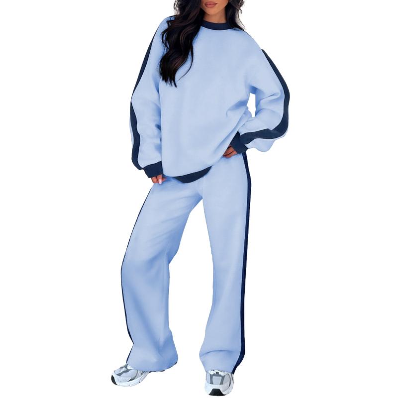Effortless Colorblock Sweat Set for Women with Crewneck Long Sleeve Wide Leg Relaxed Style