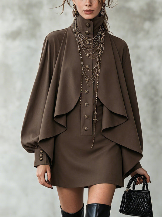 Elegant Chocolate Mini Dress for Women with High Neck Button Front Cape Sleeve Flowing Style