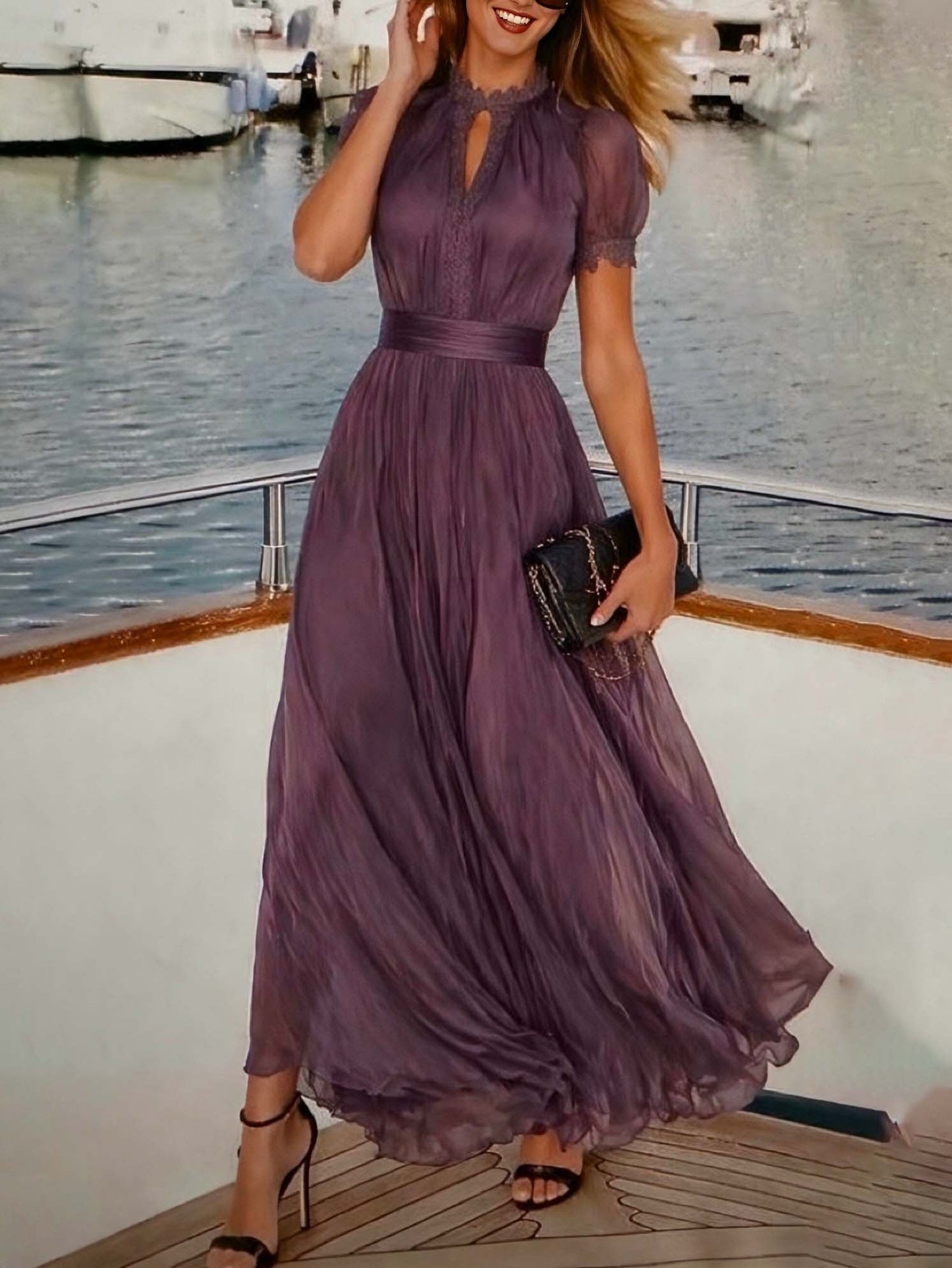 Elegant Chiffon Maxi Dress for Women with High Neck Keyhole Short Sleeve Lace Trim Flowing Style