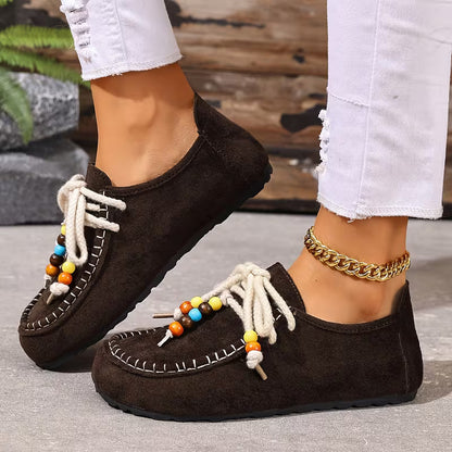 Comfortable Loafers for Women with Beaded Lace Detail Moccasin Stitch Platform Sole