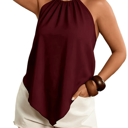 Effortless Colorblock Halter Top for Women with High Neck Sleeveless Pleated Flowing Style