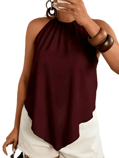 Effortless Colorblock Halter Top for Women with High Neck Sleeveless Pleated Flowing Style