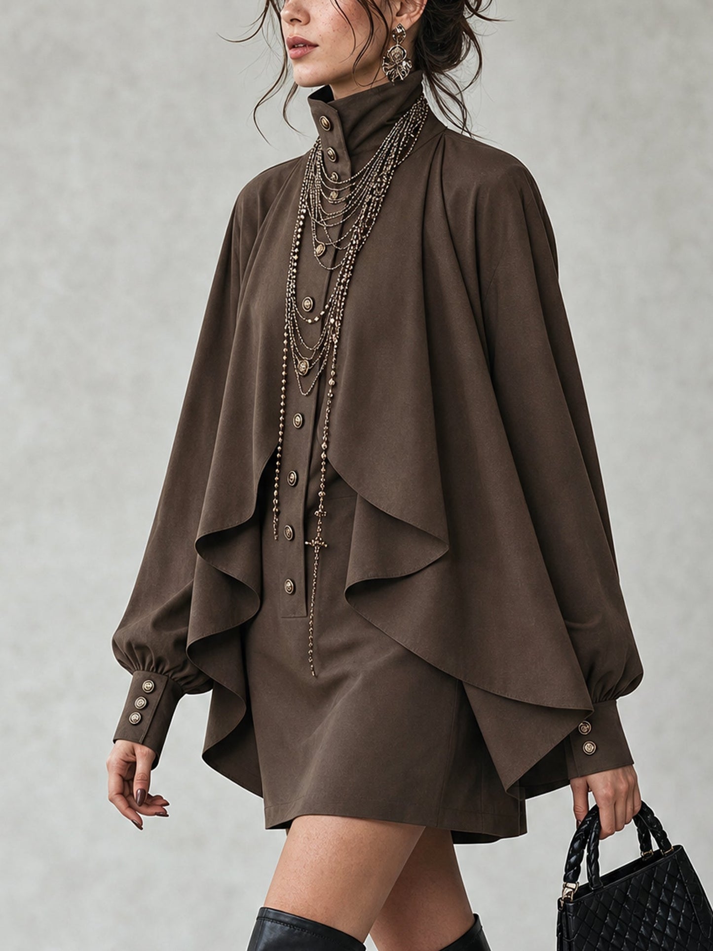 Elegant Chocolate Mini Dress for Women with High Neck Button Front Cape Sleeve Flowing Style