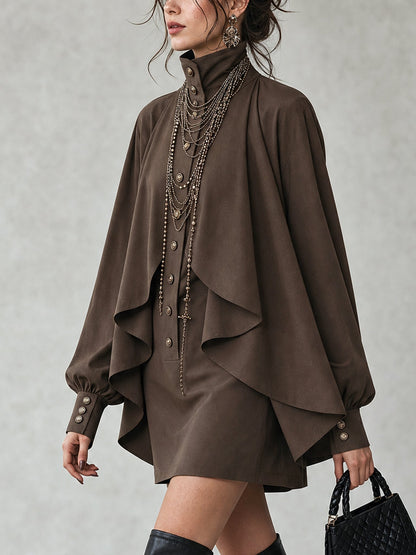 Elegant Chocolate Mini Dress for Women with High Neck Button Front Cape Sleeve Flowing Style