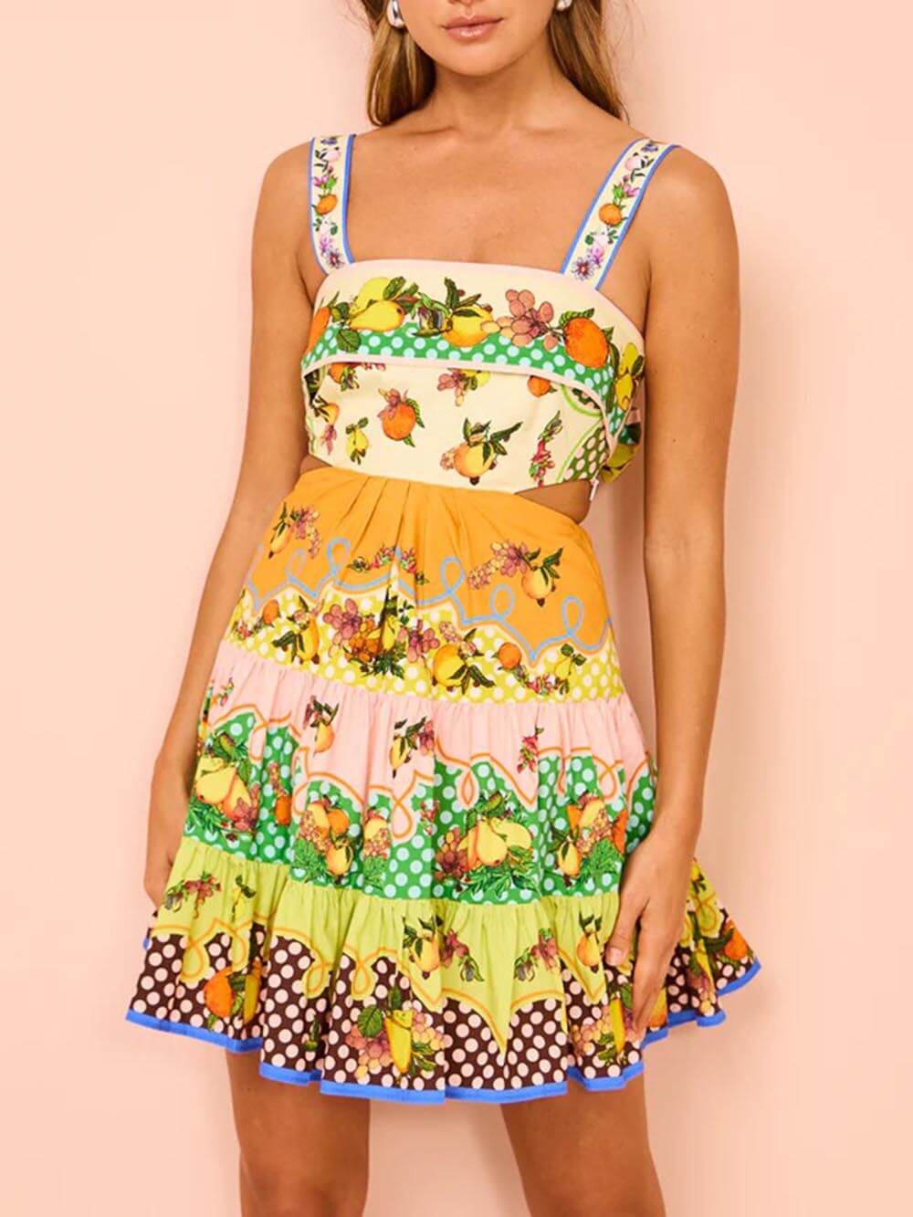 Effortless Multicolor Fruit Print Mini Dress for Women with Square Neck Sleeveless Cutout Tiered Bohemian Style