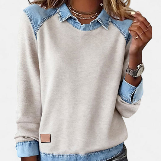 Effortless Denim Trim Sweatshirt for Women with Collar Long Sleeve Raglan Colorblock Casual Style