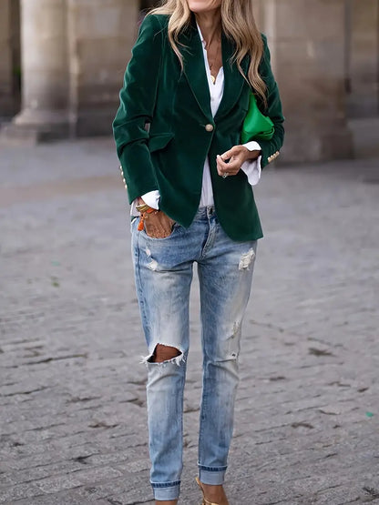 Elegant Velvet Blazer for Women with Notch Lapel Long Sleeve Single Button Tailored Style