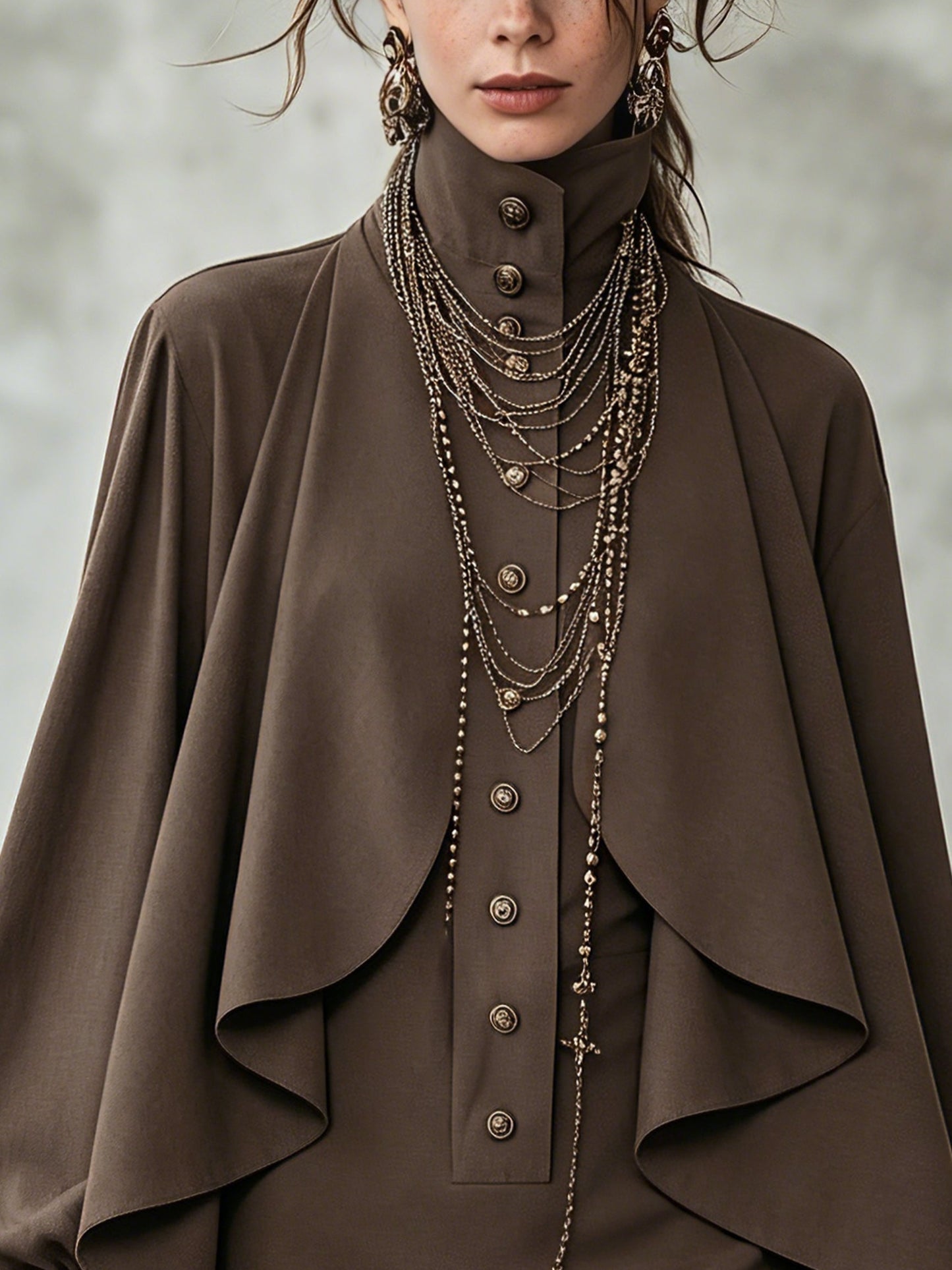 Elegant Chocolate Mini Dress for Women with High Neck Button Front Cape Sleeve Flowing Style