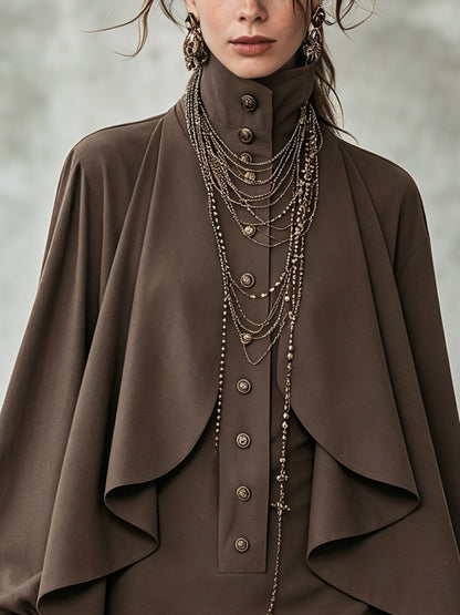 Elegant Chocolate Mini Dress for Women with High Neck Button Front Cape Sleeve Flowing Style