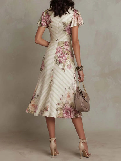 Elegant Ivory Floral Midi Dress for Women with V Neck Flutter Sleeve Wrap Ruched Flowing Style