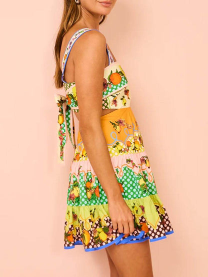 Effortless Multicolor Fruit Print Mini Dress for Women with Square Neck Sleeveless Cutout Tiered Bohemian Style