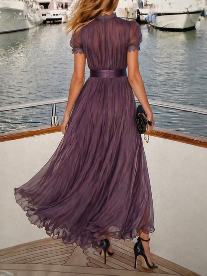 Elegant Chiffon Maxi Dress for Women with High Neck Keyhole Short Sleeve Lace Trim Flowing Style