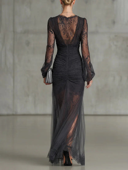 Elegant Dark Grey Lace Maxi Dress for Women with V Neck Long Sleeve Ruched High Slit Formal Wedding Guest Style