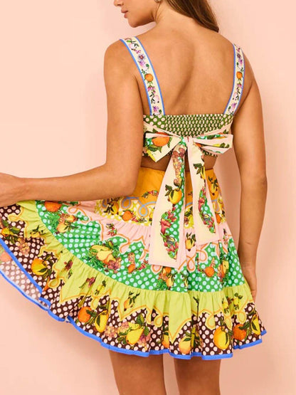 Effortless Multicolor Fruit Print Mini Dress for Women with Square Neck Sleeveless Cutout Tiered Bohemian Style