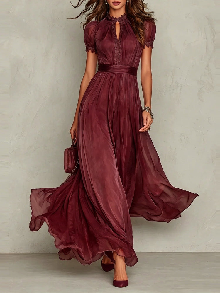Elegant Chiffon Maxi Dress for Women with High Neck Keyhole Short Sleeve Lace Trim Flowing Style