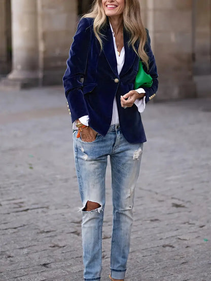 Elegant Velvet Blazer for Women with Notch Lapel Long Sleeve Single Button Tailored Style