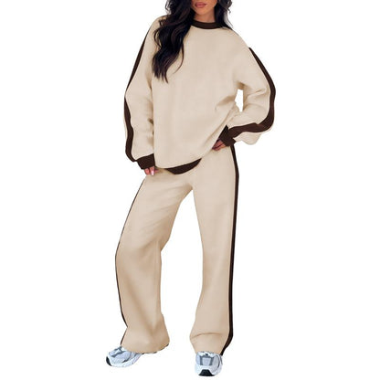 Effortless Colorblock Sweat Set for Women with Crewneck Long Sleeve Wide Leg Relaxed Style