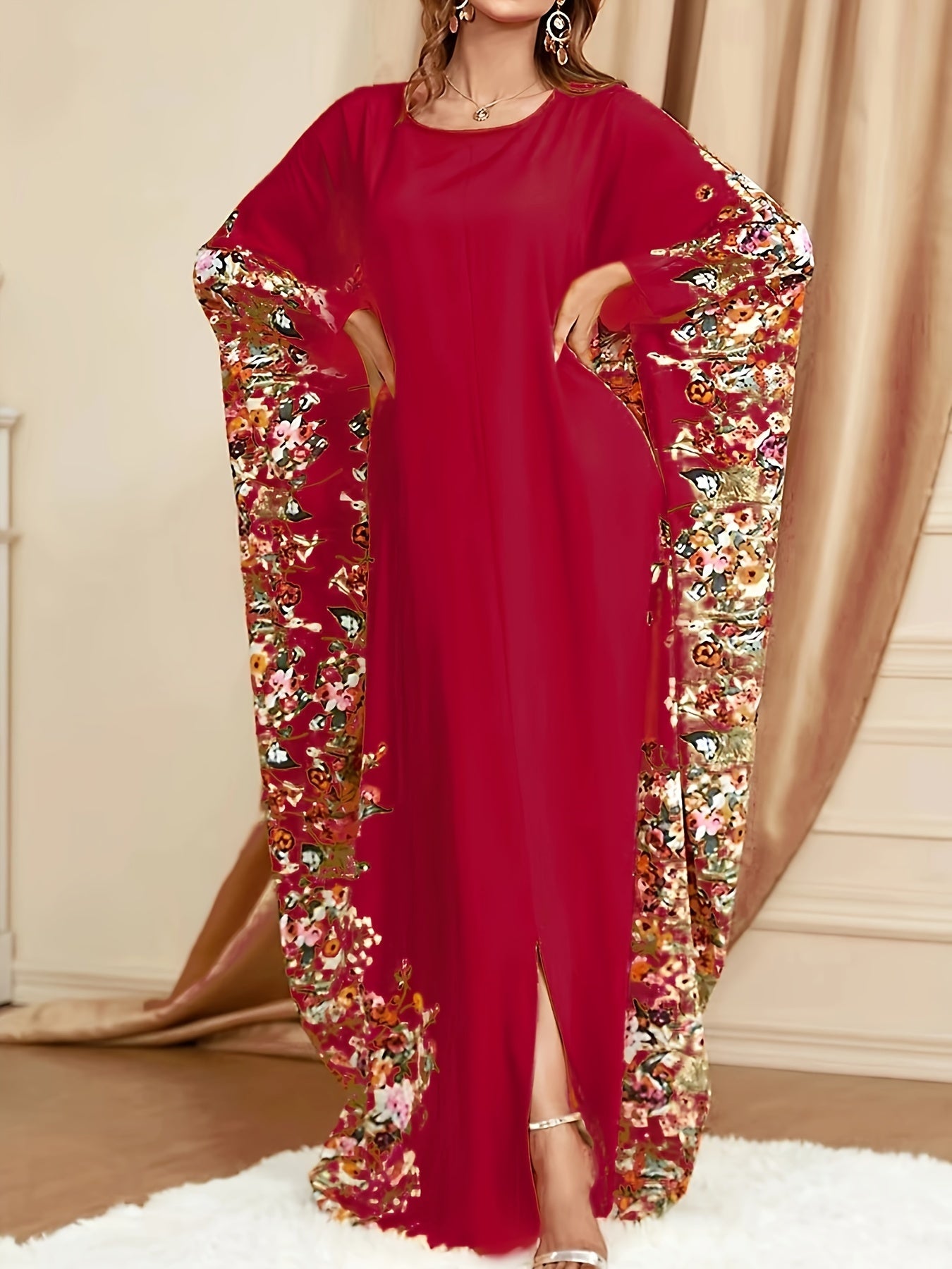 Elegant Floral Print Kaftan Maxi Dress for Women with Round Neck Batwing Sleeve Flowing Style