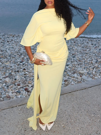 Elegant Yellow Maxi Dress for Women with High Neck Backless Batwing Sleeve Ruched Side Slit Formal Style