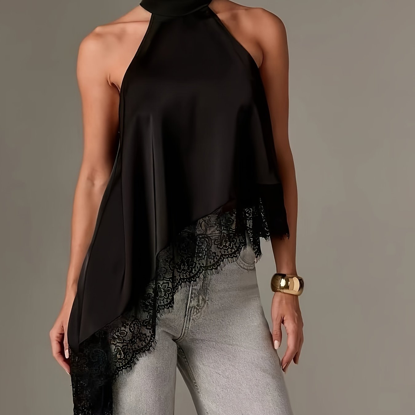 Elegant Satin Blouse for Women with Halter Neck Sleeveless Lace Trim Asymmetric Style