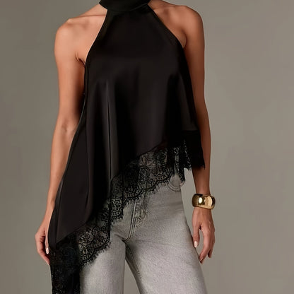 Elegant Satin Blouse for Women with Halter Neck Sleeveless Lace Trim Asymmetric Style