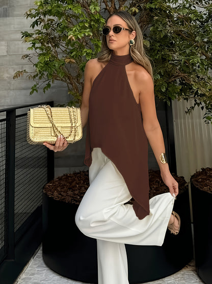 Effortless Silky Halter Top for Women with Mock Neck Sleeveless Handkerchief Hem Flowing Style