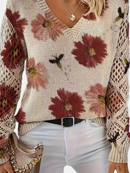 Comfortable Floral Print Sweater for Women with V Neck Long Sleeve Crochet Panel Oversized Knit Style