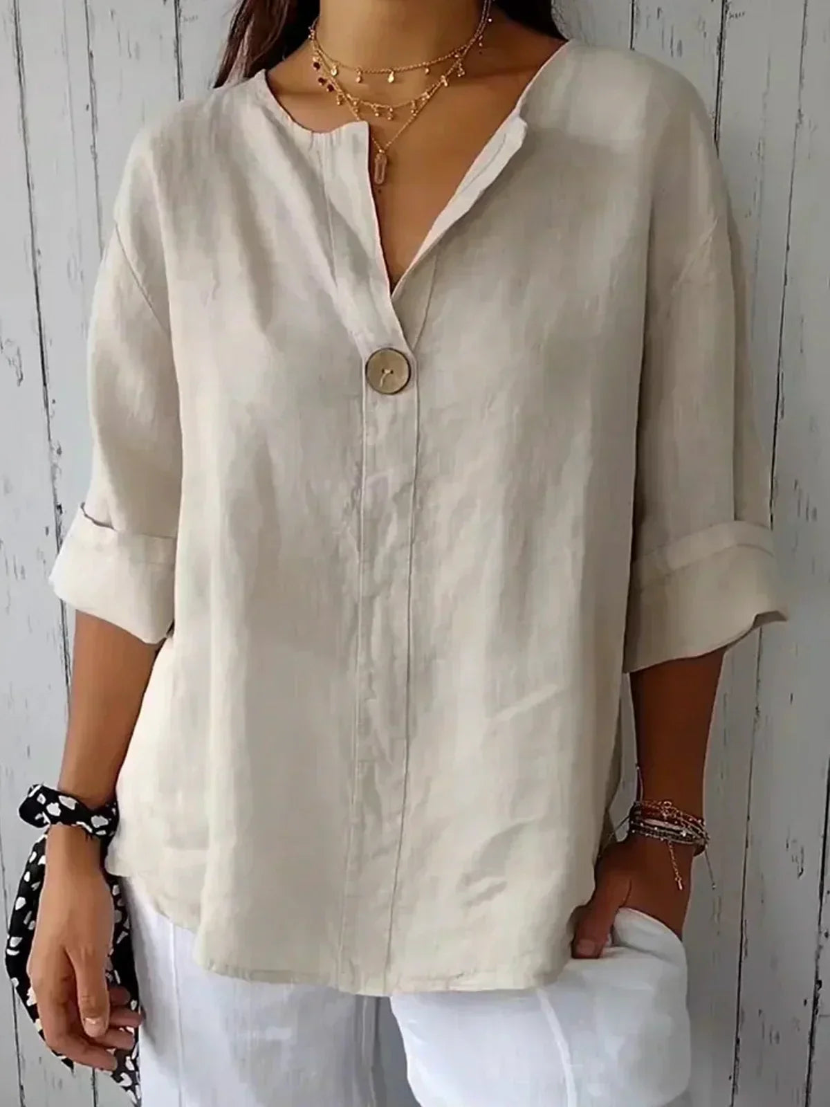Effortless Linen Blouse for Women with V Neck Button Front Elbow Sleeve Relaxed Style