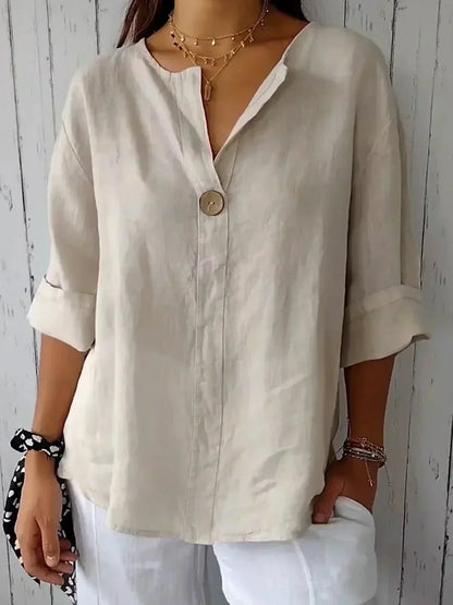 Effortless Linen Blouse for Women with V Neck Button Front Elbow Sleeve Relaxed Style