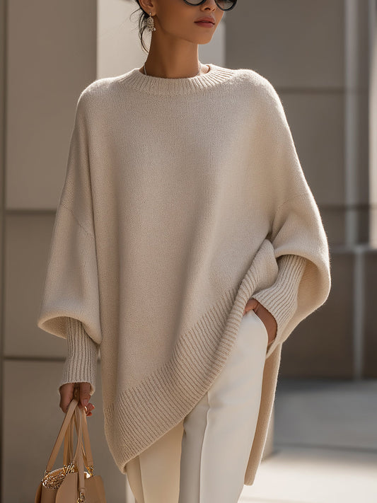 Comfortable Ribbed Trim Oversized Sweater for Women with Crew Neck Batwing Sleeve Asymmetric Hem Knit Style