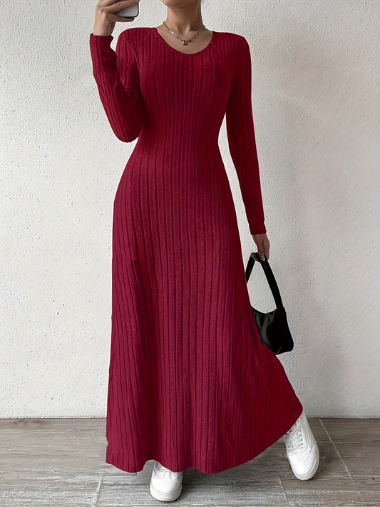 Elegant Ribbed Knit Maxi Dress for Women with V Neck Long Sleeve Fitted Flowing Style