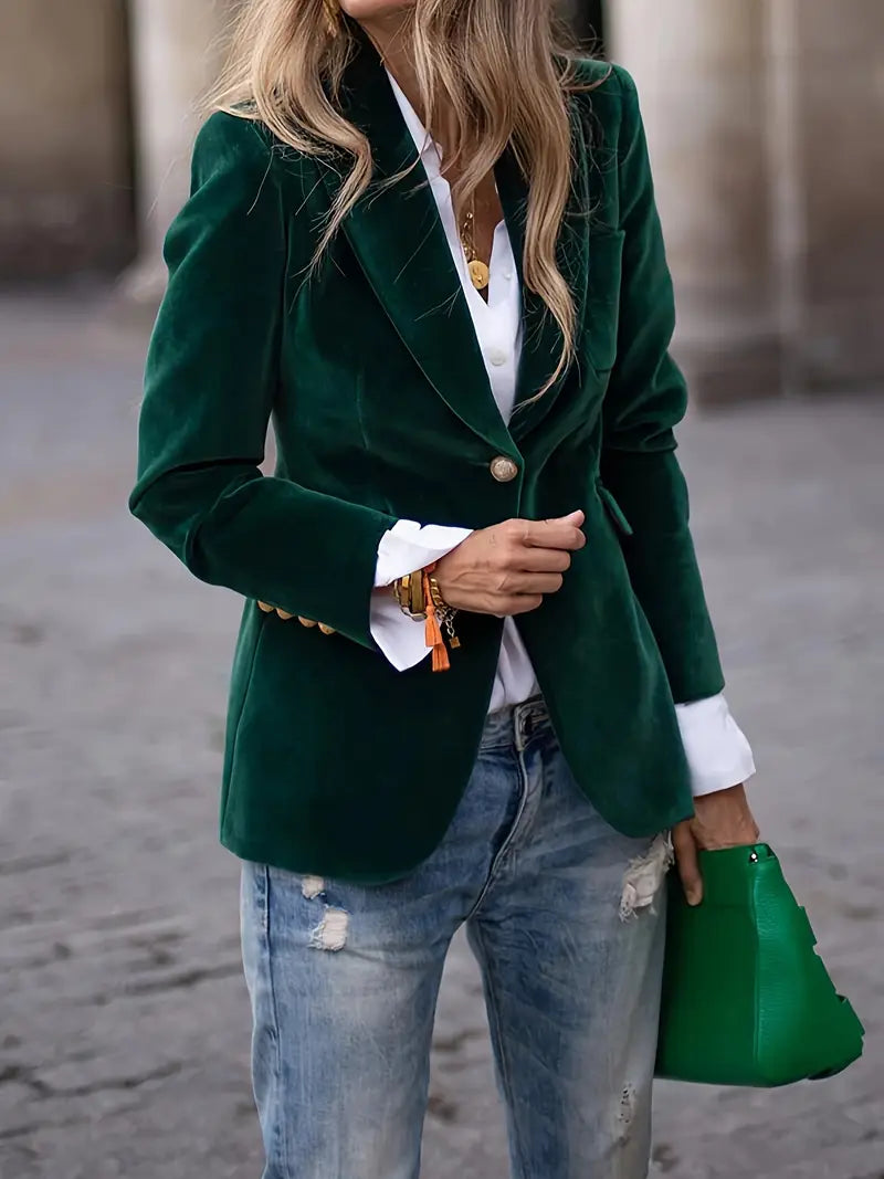 Elegant Velvet Blazer for Women with Notch Lapel Long Sleeve Single Button Tailored Style