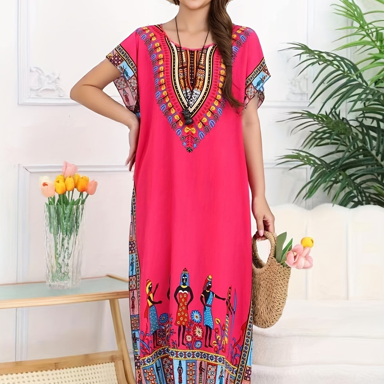 Effortless Tribal Print Kaftan Maxi Dress for Women with V Neck Short Sleeve Flowing Bohemian Style