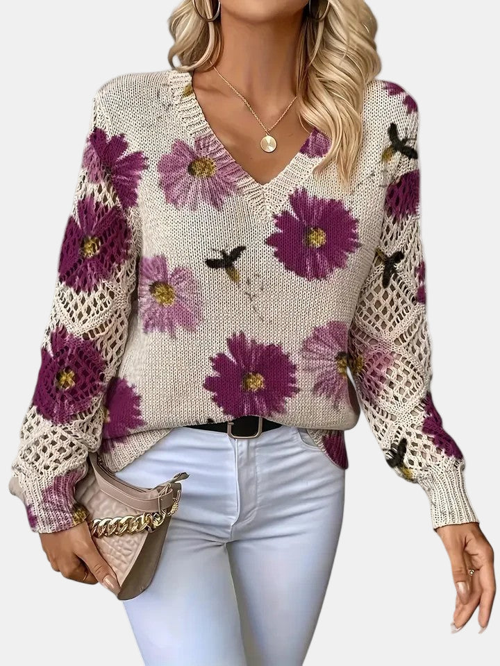 Comfortable Floral Crochet Sweater for Women with V Neck Long Sleeve Relaxed Oversized Knit Style